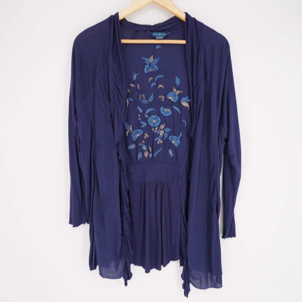 April Cornell Open Cardigan Womens M Blue Embroidered Floral Boho Cottagecore